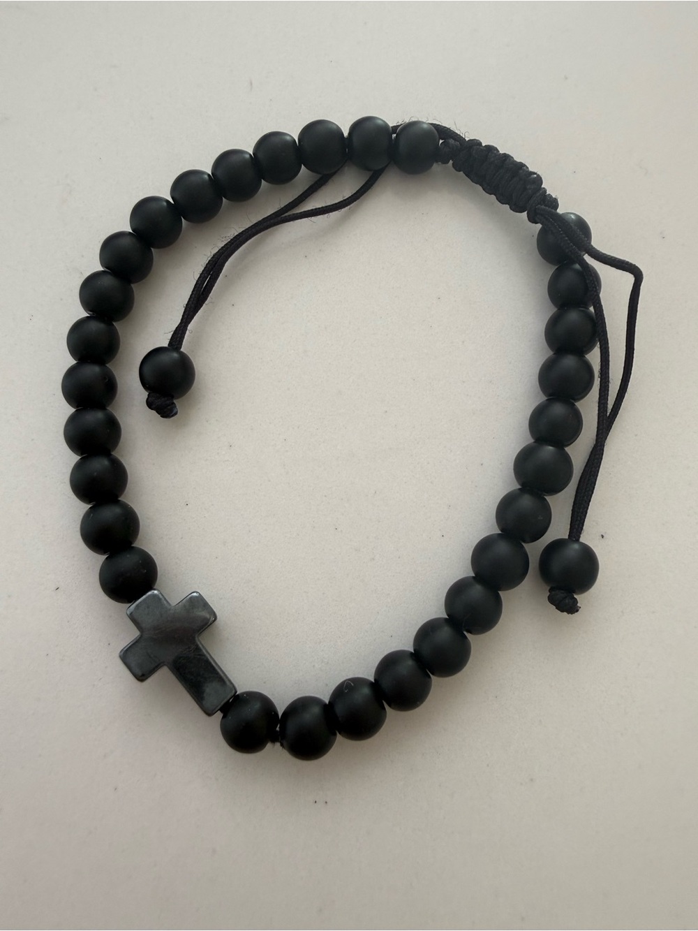 Black Beaded Cross Bracelet - Adjustable Mens Jewelry